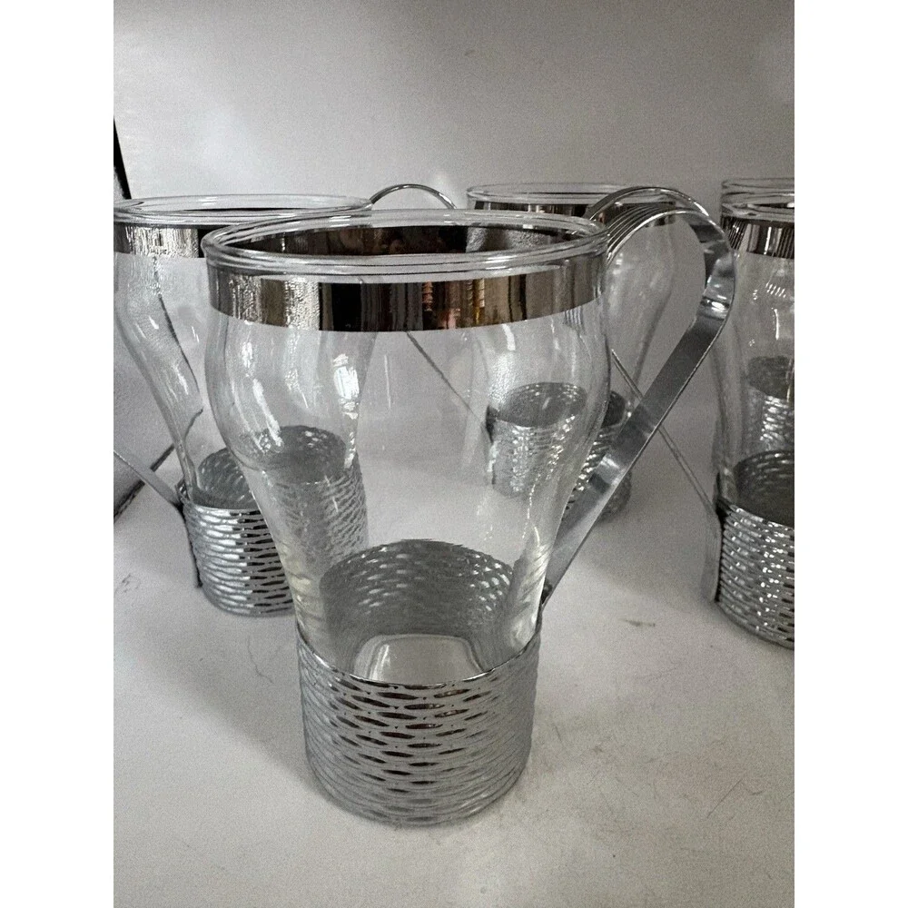 Vintage Mid Century Federal Glass Soda Fountain Glasses Metal Holders And Handle